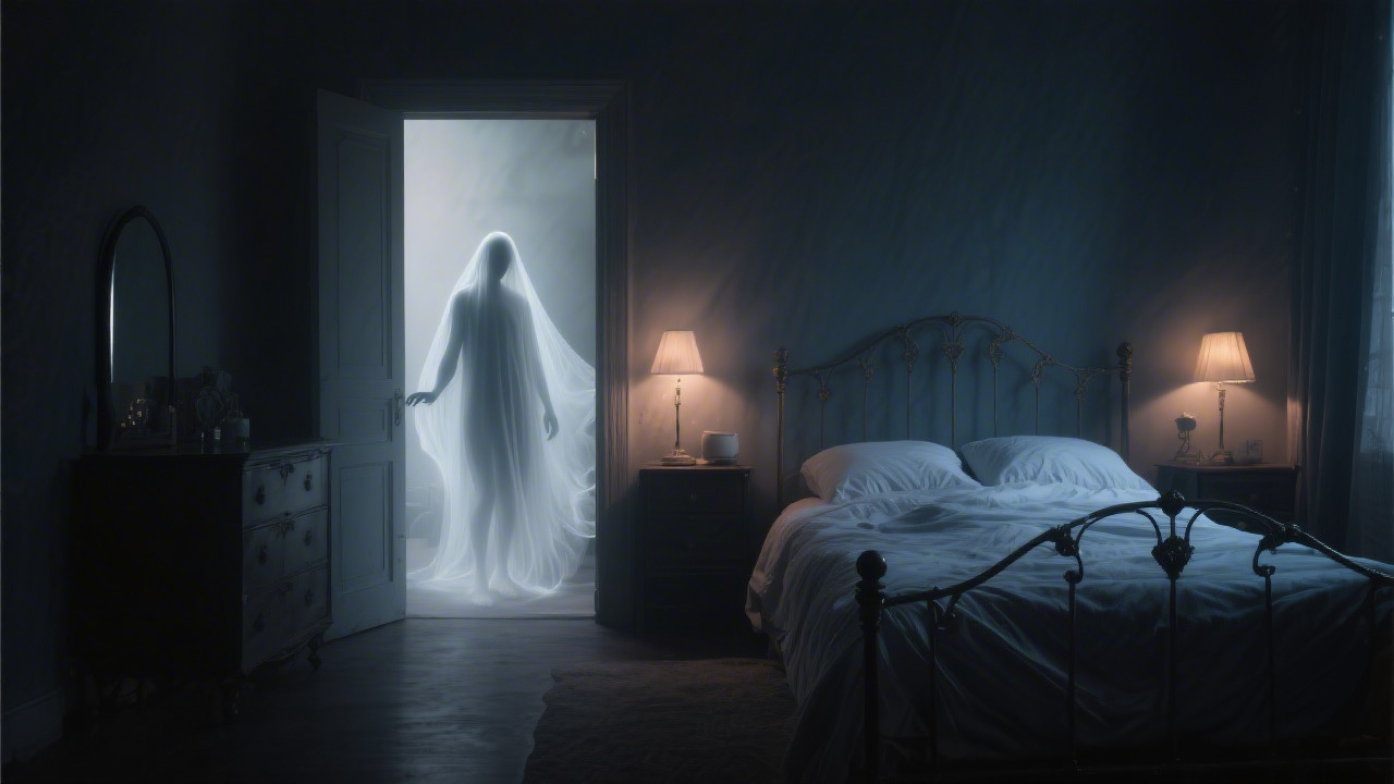 Ethereal surreal bedroom scene depicting the threshold between sleep and waking