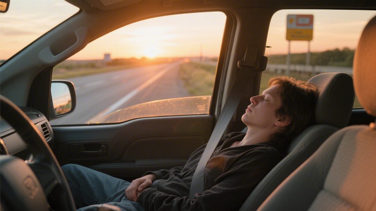 Person sleeping comfortably in reclined car seat during road trip