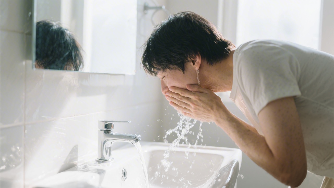 Person curing morning sleep inertia with cold water splash