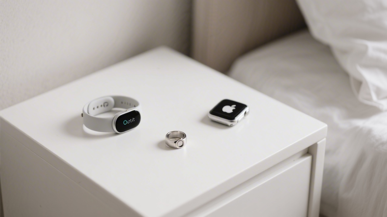 Oura ring, Fitbit and Apple Watch on a white nightstand