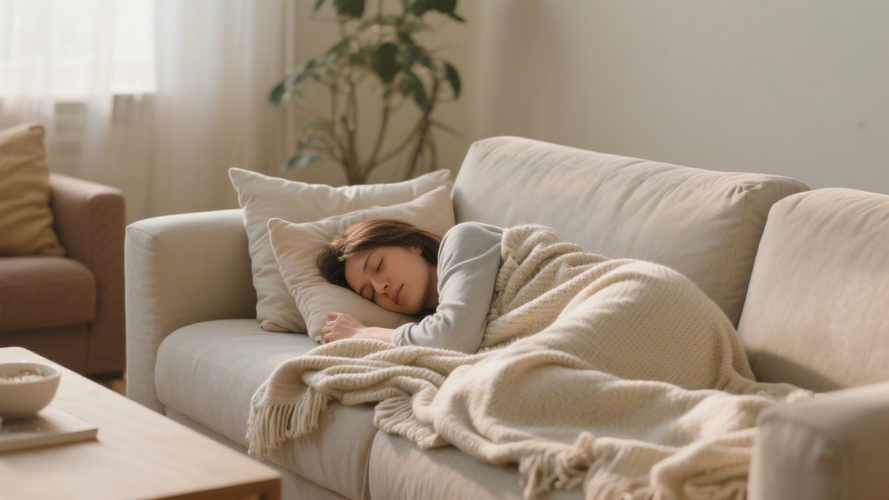Person sleeping on a couch with proper pillow support