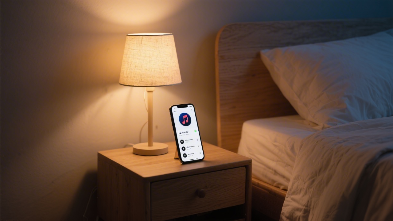Nightstand with phone showing a sleep music playlist beside a cozy bed