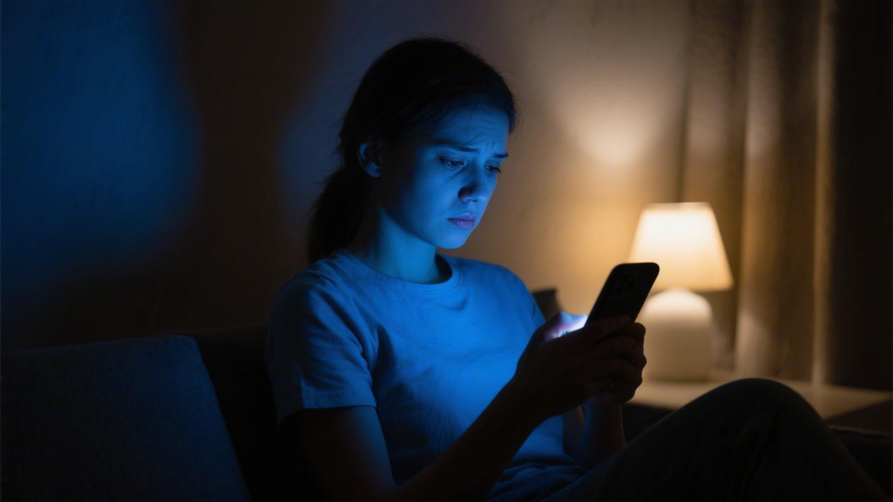 Person procrastinating sleep by staying up late on phone