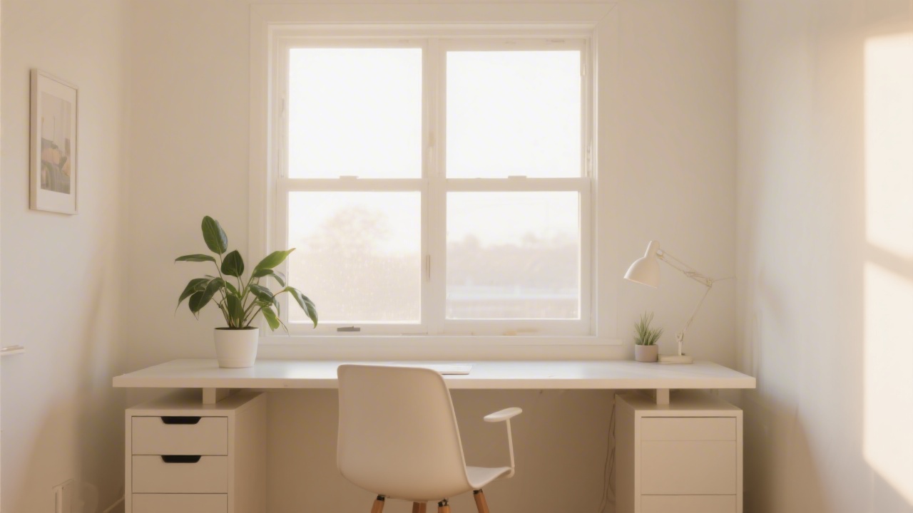 Bright home office with natural light representing remote work and sleep quality