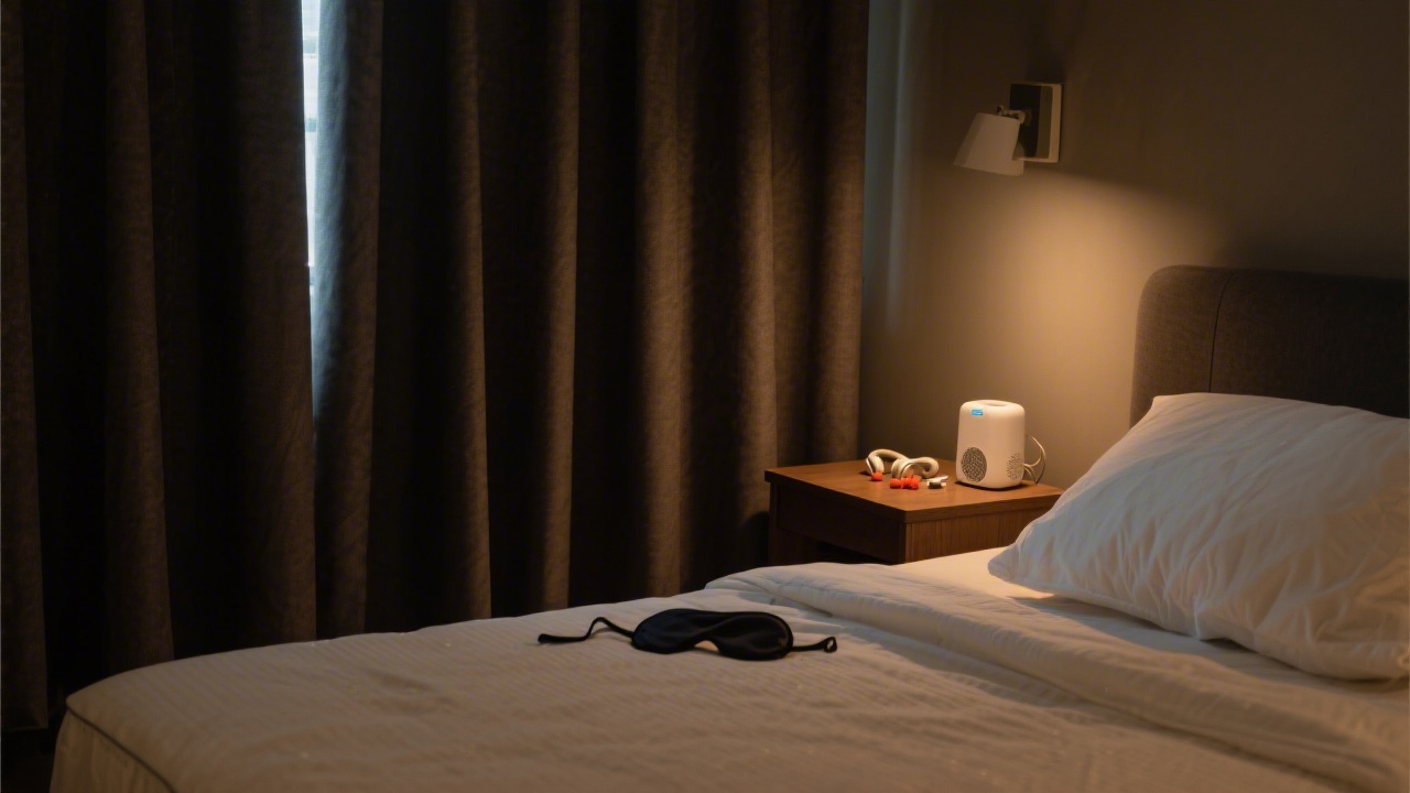 Bedroom setup optimized for shift worker daytime sleep with blackout curtains