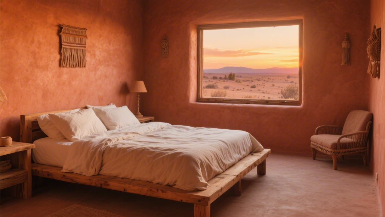 Desert home bedroom with natural bedding for dry climate sleep