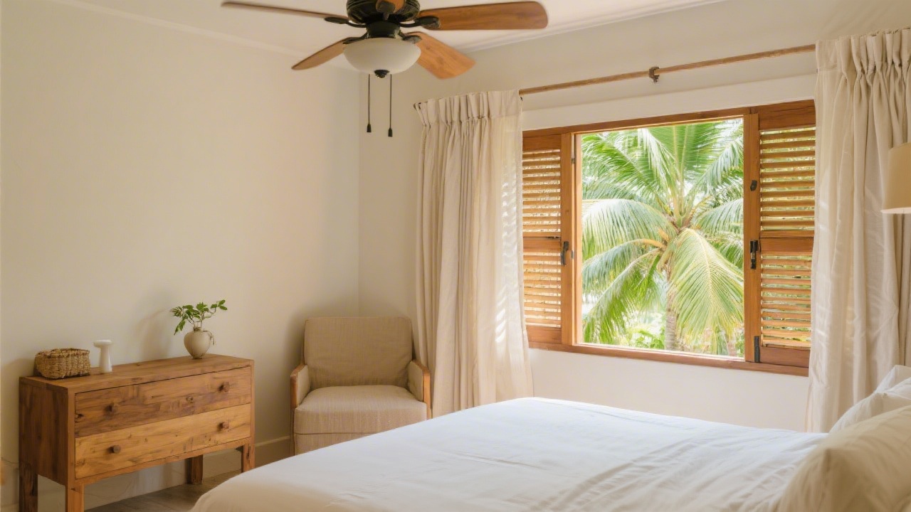 Airy tropical bedroom with ceiling fan for sleeping in humid climate