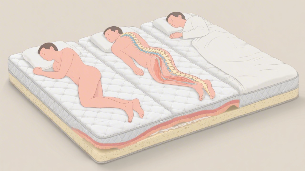 Three sleeping positions showing spinal biomechanics for back, side, and stomach