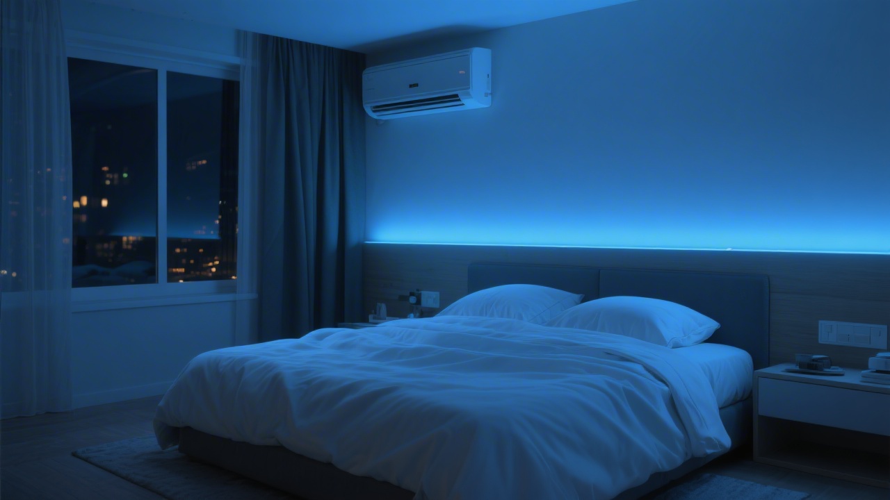 Bedroom with air conditioning set for optimal sleep temperature