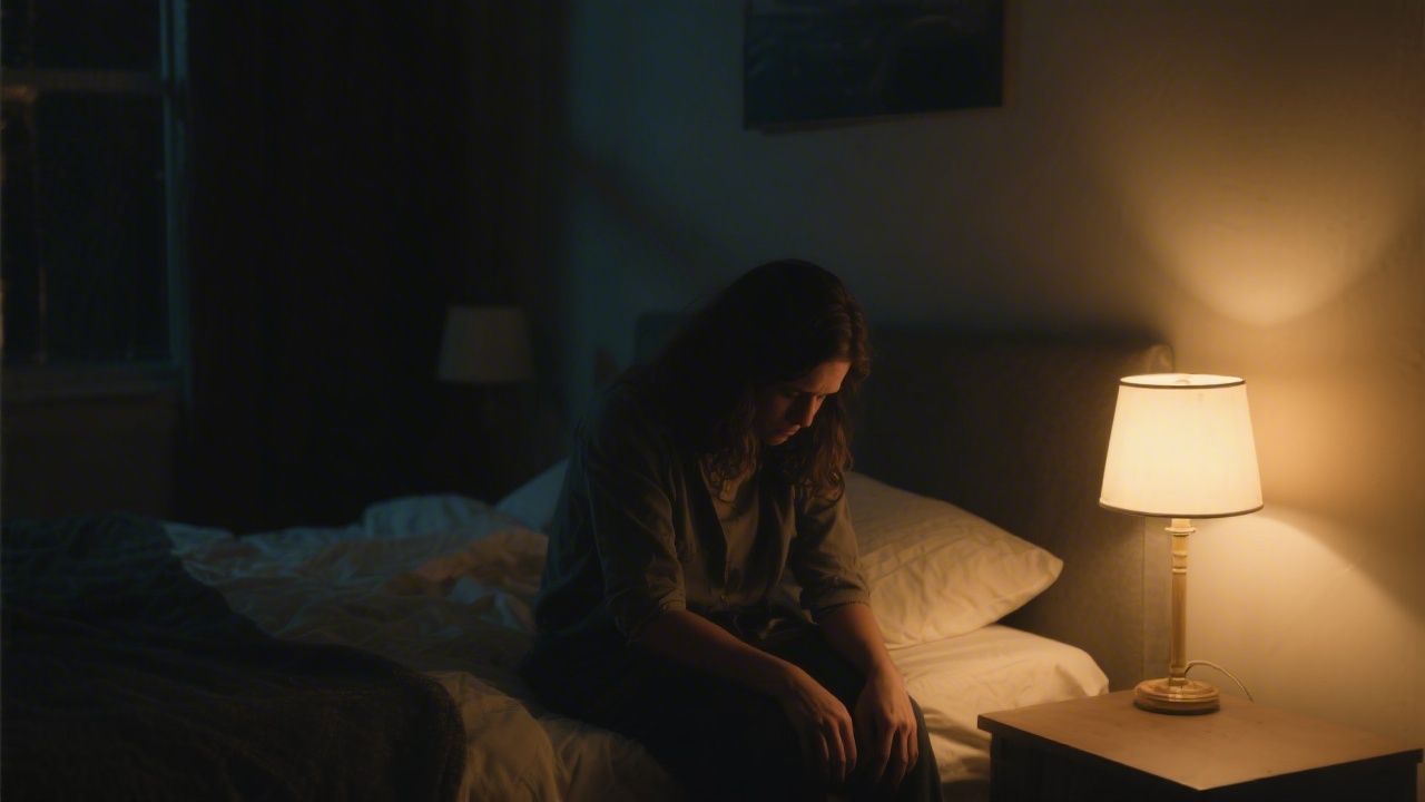 Person with anxiety disorder sitting awake at edge of bed at night