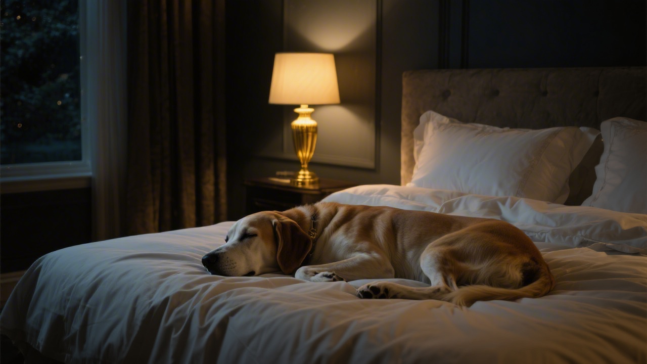 Dog sleeping at the foot of a bed with premium linen bedding