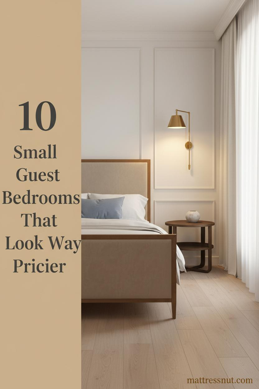 Compact guest bedroom with board-and-batten white wall, oak floors, brass sconce, ivory linen bedding, dusty blue pillow, and sheer curtains