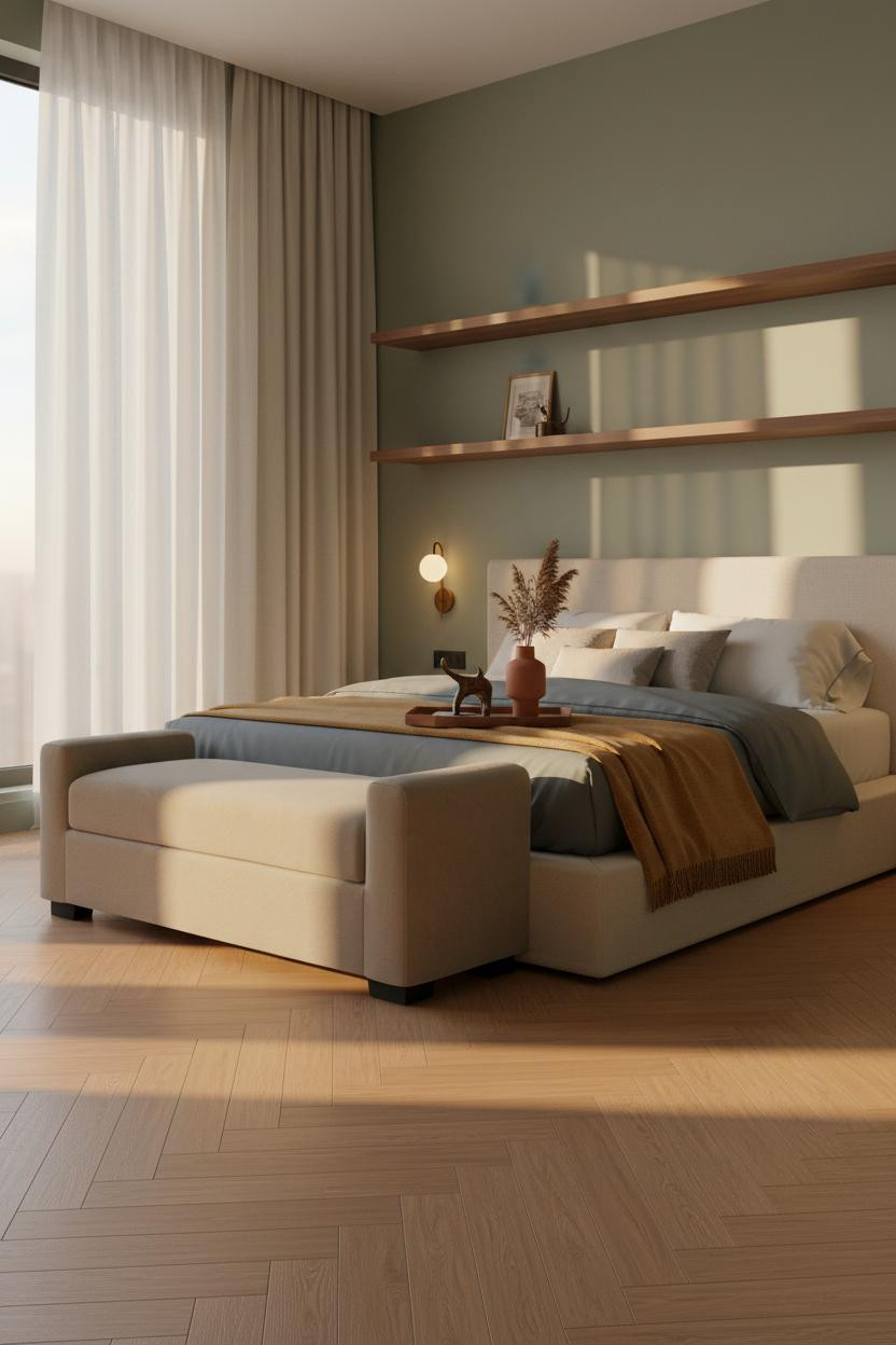 Small Guest Room Day Bed Walnut Shelves