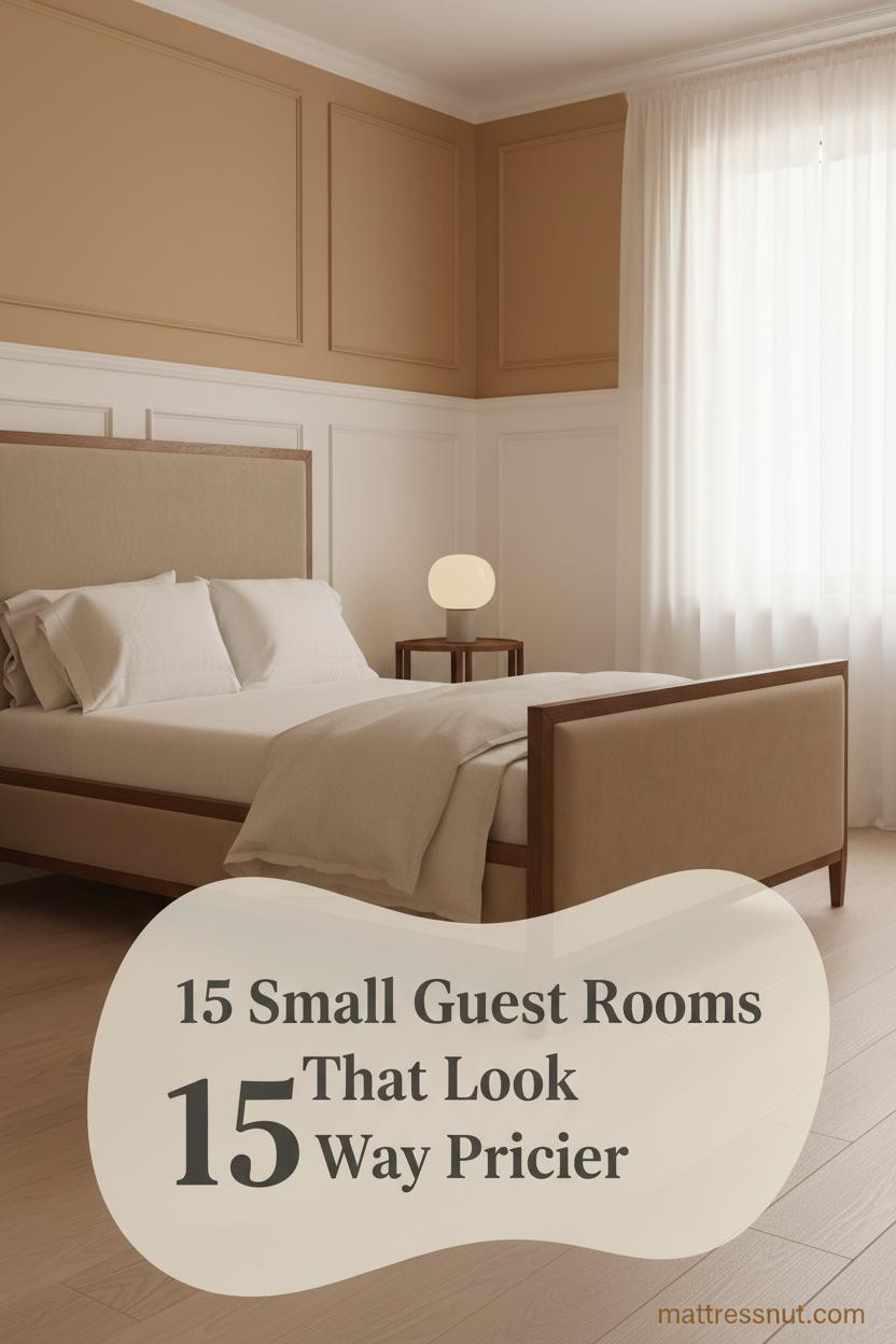 Compact guest room with white board-and-batten wainscoting, camel walls, cream percale bedding, linen throw, and slim walnut nightstand with ceramic lamp