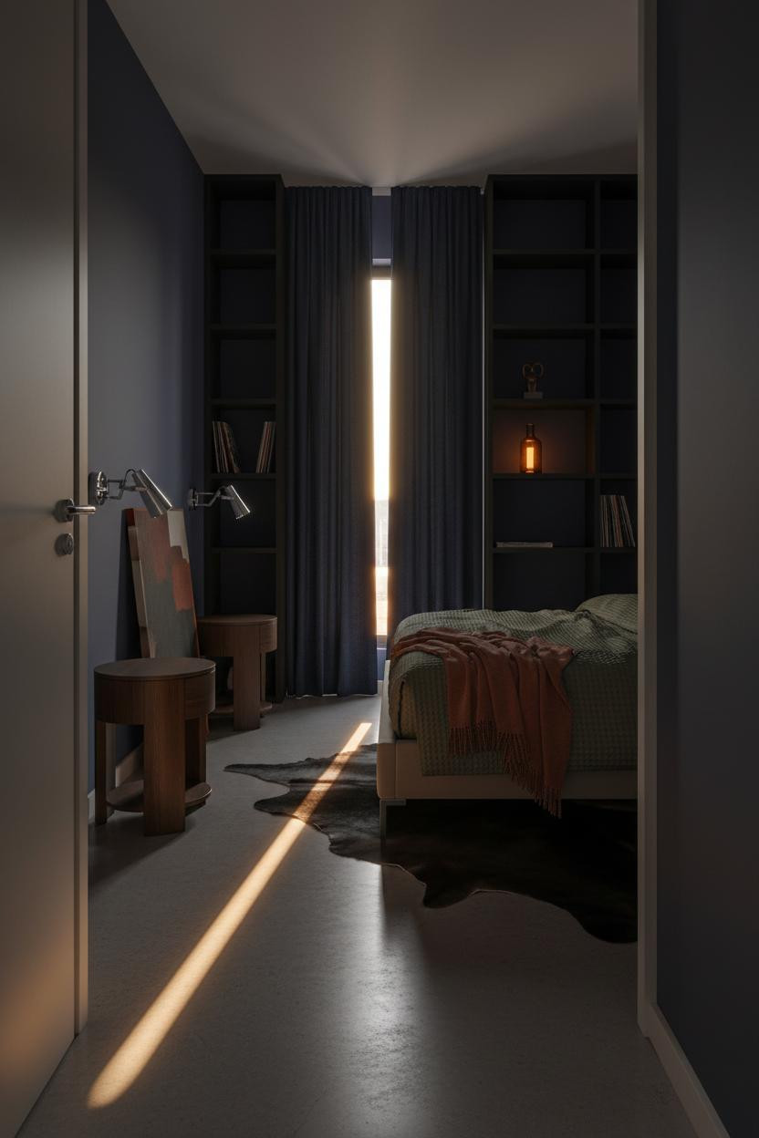 Small Moody Bedroom Dark Indigo Shelving