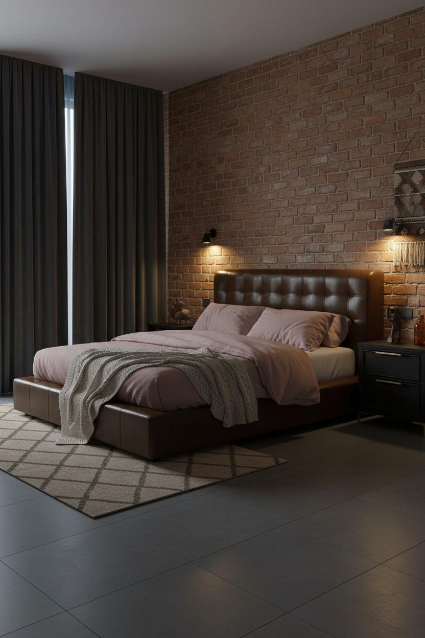 Small Moody Bedroom Exposed Brick Amber Light