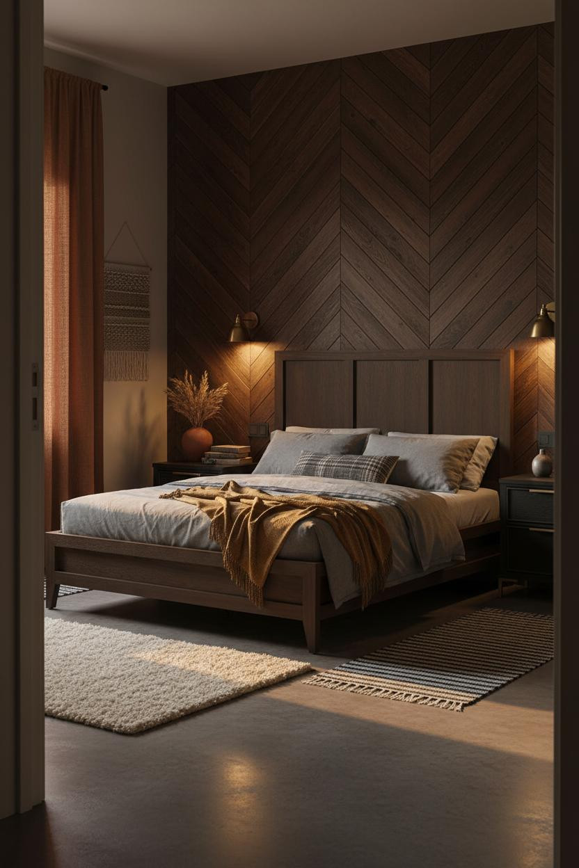 Small Moody Bedroom Herringbone Wood Accent