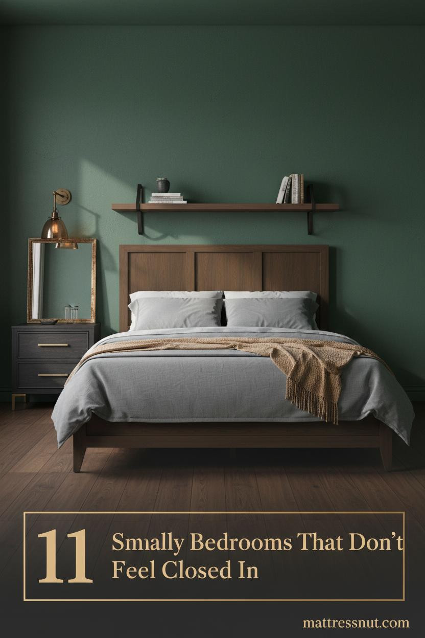 Compact moody bedroom with deep forest green plaster wall, walnut shelf, dark oak floors, amber sconce, slate linen bedding and brass mirror