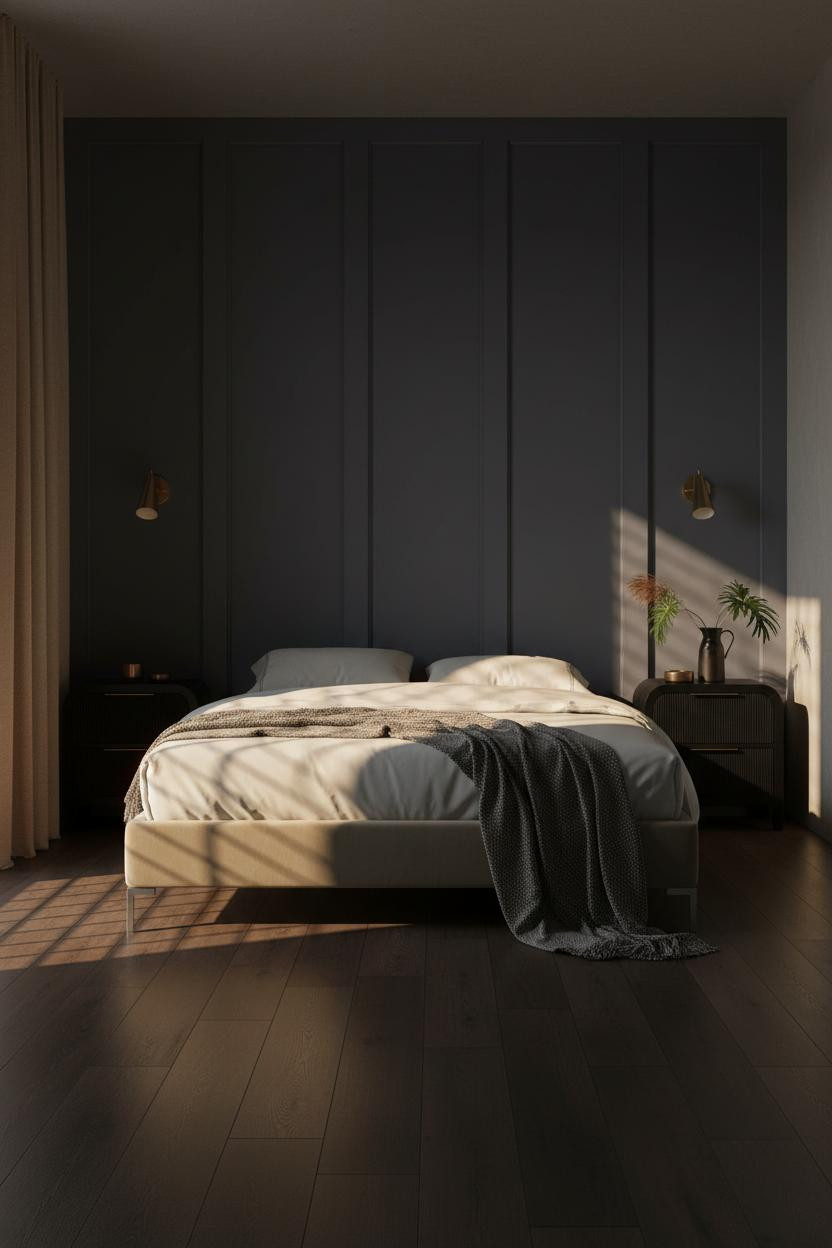 Small Moody Bedroom Indigo Walls Amber Light