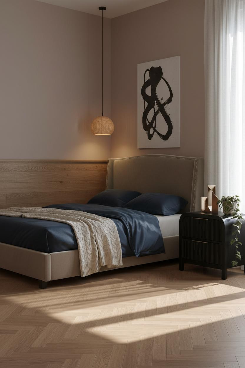 Small Moody Bedroom Japandi Wainscoting