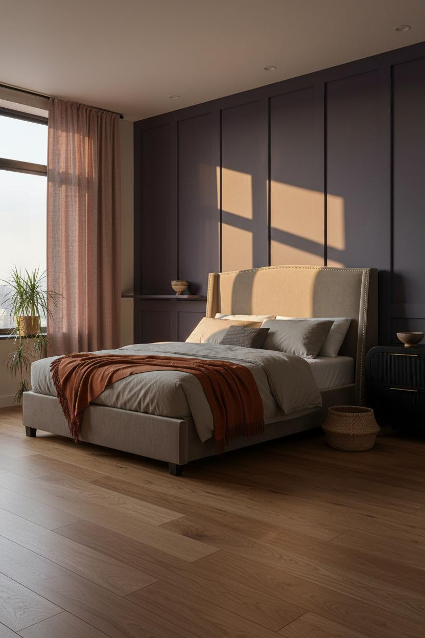 Small Moody Bedroom Plum Accent Wall