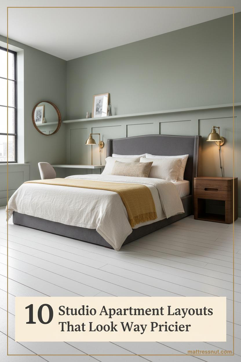 Small studio apartment with sage accent wall, floating ash shelf, brass sconces, linen bedding, mustard throw, and white-washed pine floors