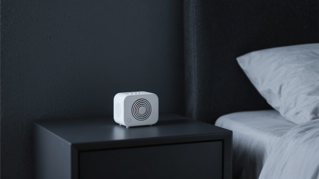 White noise machine on a nightstand for masking snoring sounds