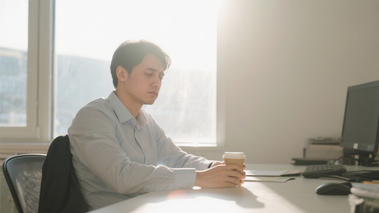 Tired professional at office window illustrating social jet lag from chronotype misalignment