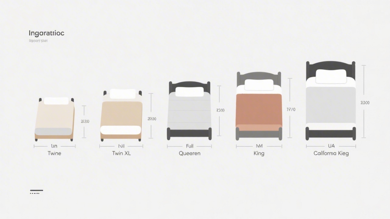 US standard bed sizes chart showing twin through California king with exact dimensions
