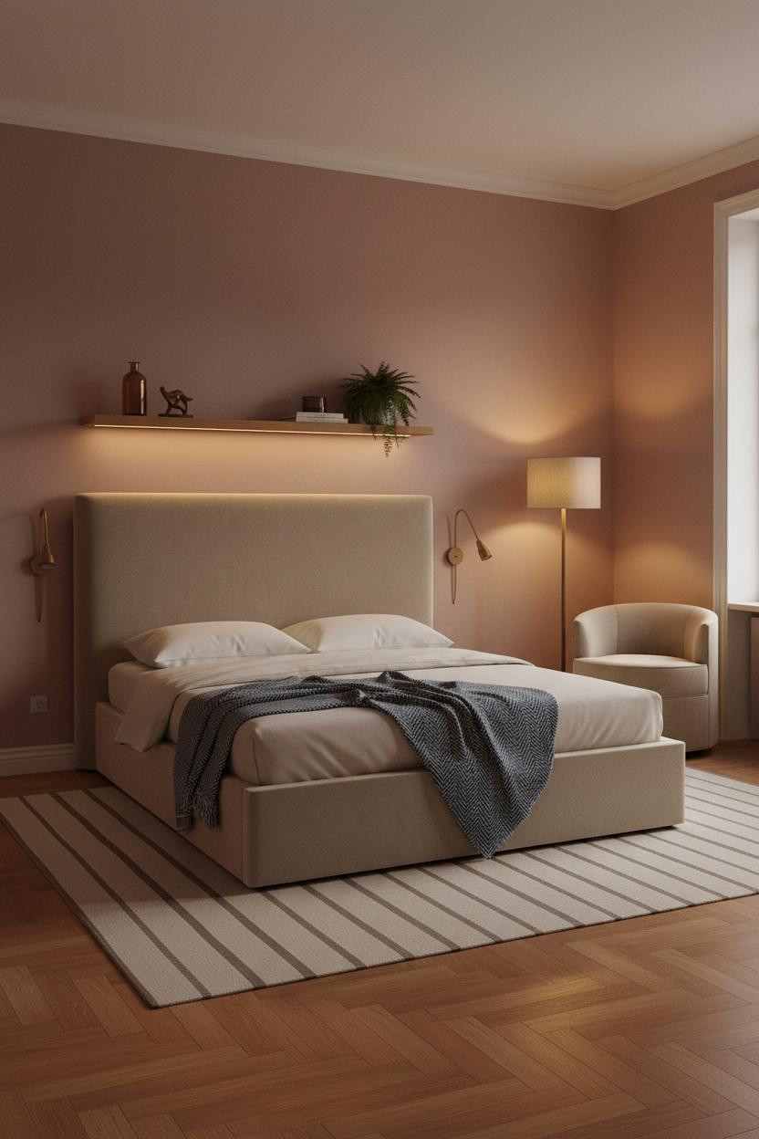 Studio Apartment Bedroom Floating Shelf Lighting