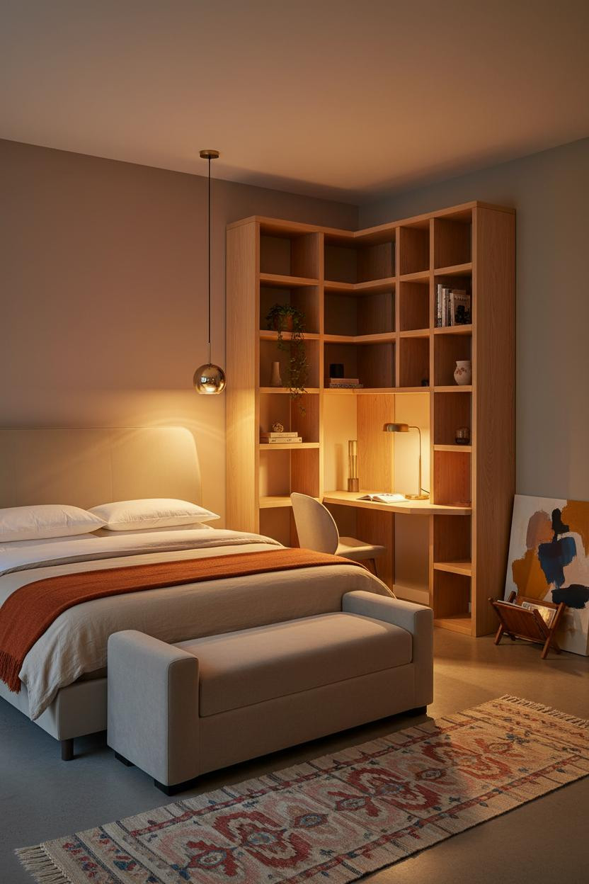 Studio Apartment Design Oak Shelving Layout