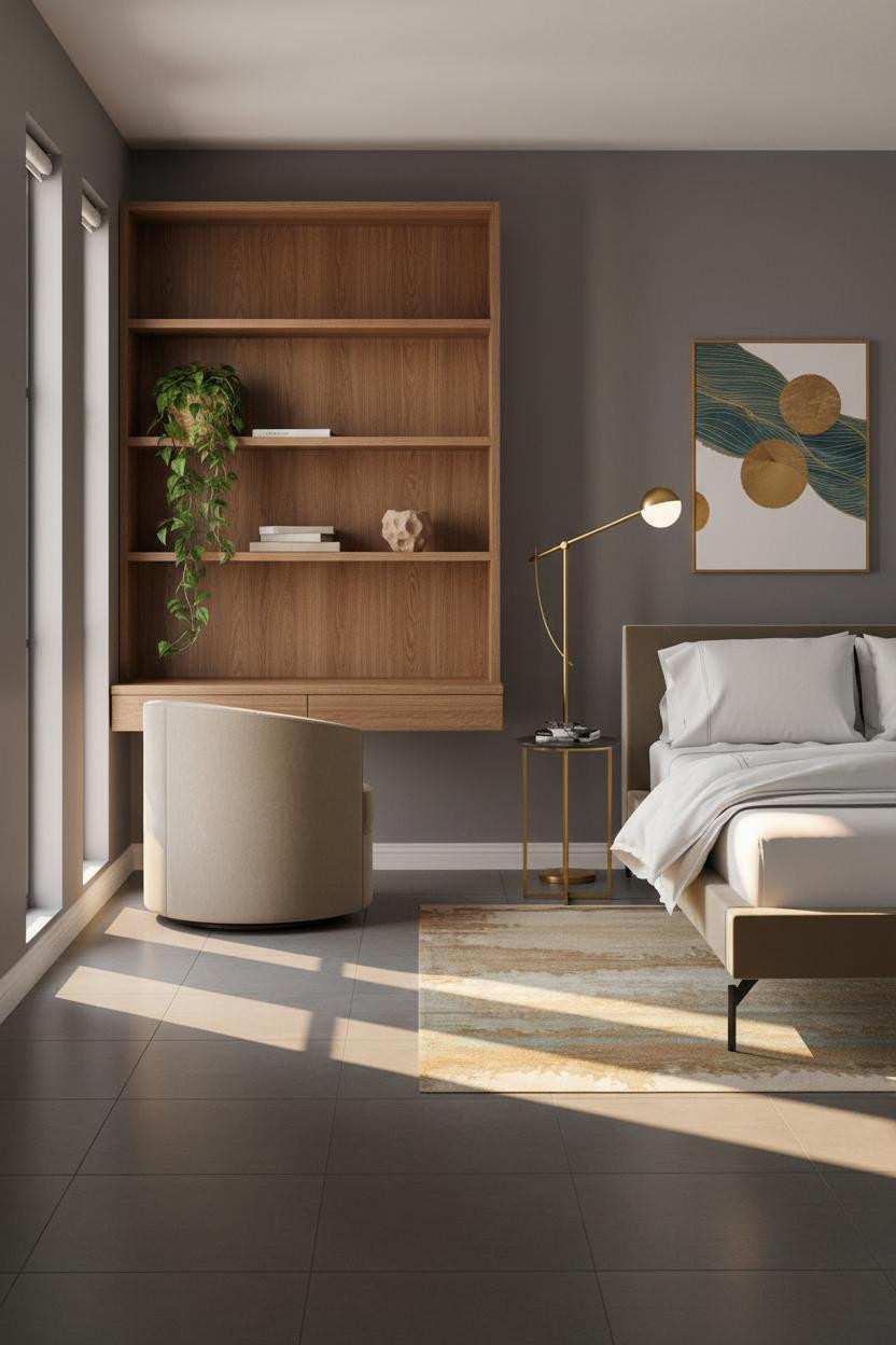 Studio Apartment Design Walnut Shelving Layout