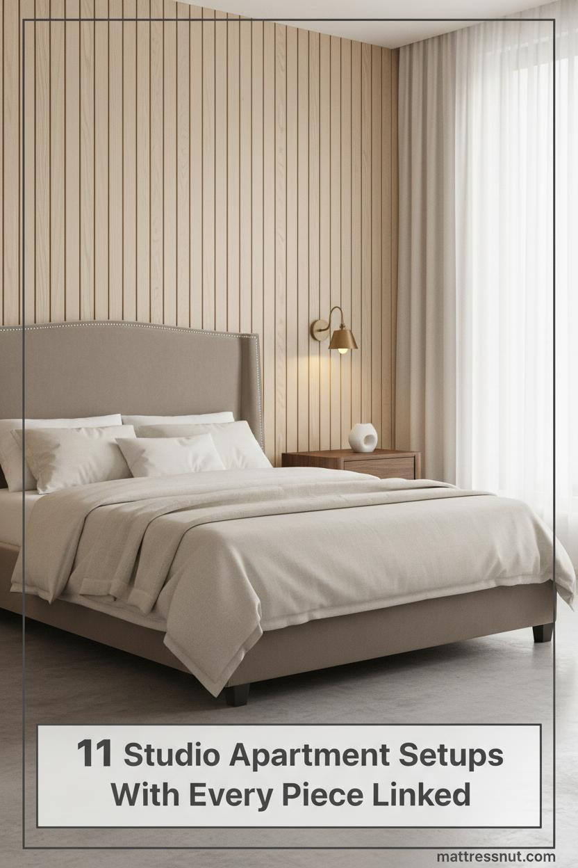 Studio apartment sleeping zone with pale oak slatted accent wall, polished concrete floors, low-profile bed, ivory linen bedding, warm sconce lighting
