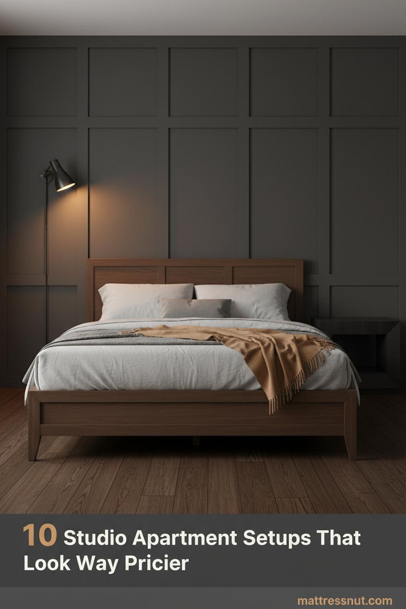 Compact male studio bedroom with charcoal board-and-batten wall, walnut bed frame, stone-grey linen bedding, camel throw, and warm amber sconce lighting