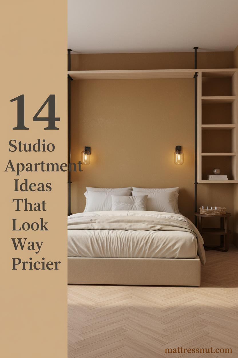 Compact studio bedroom with warm ochre plaster wall, ash shelving on black steel, herringbone parquet floors, ivory linen bedding on low platform bed