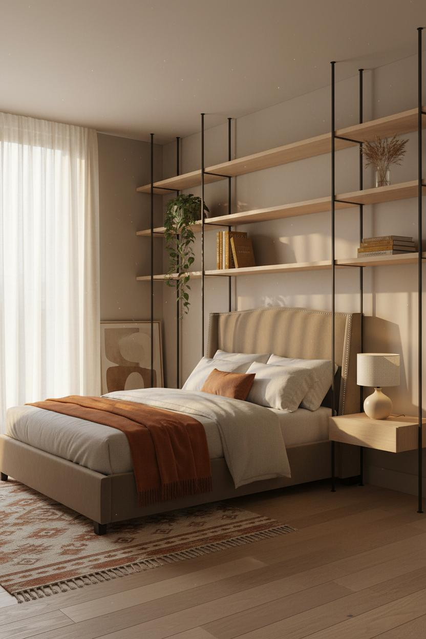 Studio Apartment Japandi Bedroom Shelving