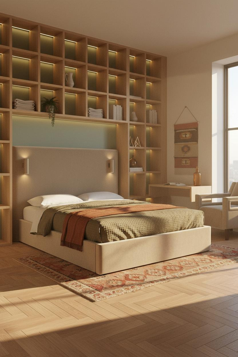 Studio Apartment Japandi Layout Wood Shelving