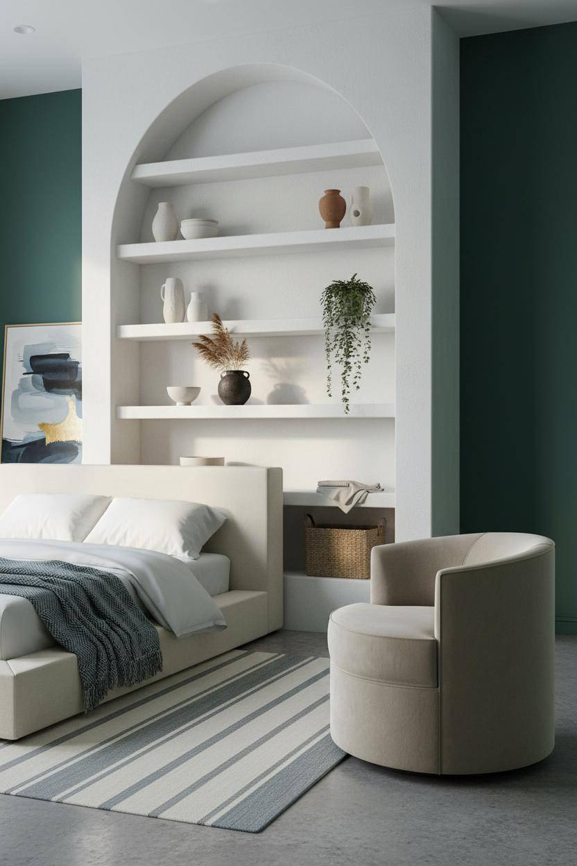 Studio Apartment Layout Arched Niche Shelving