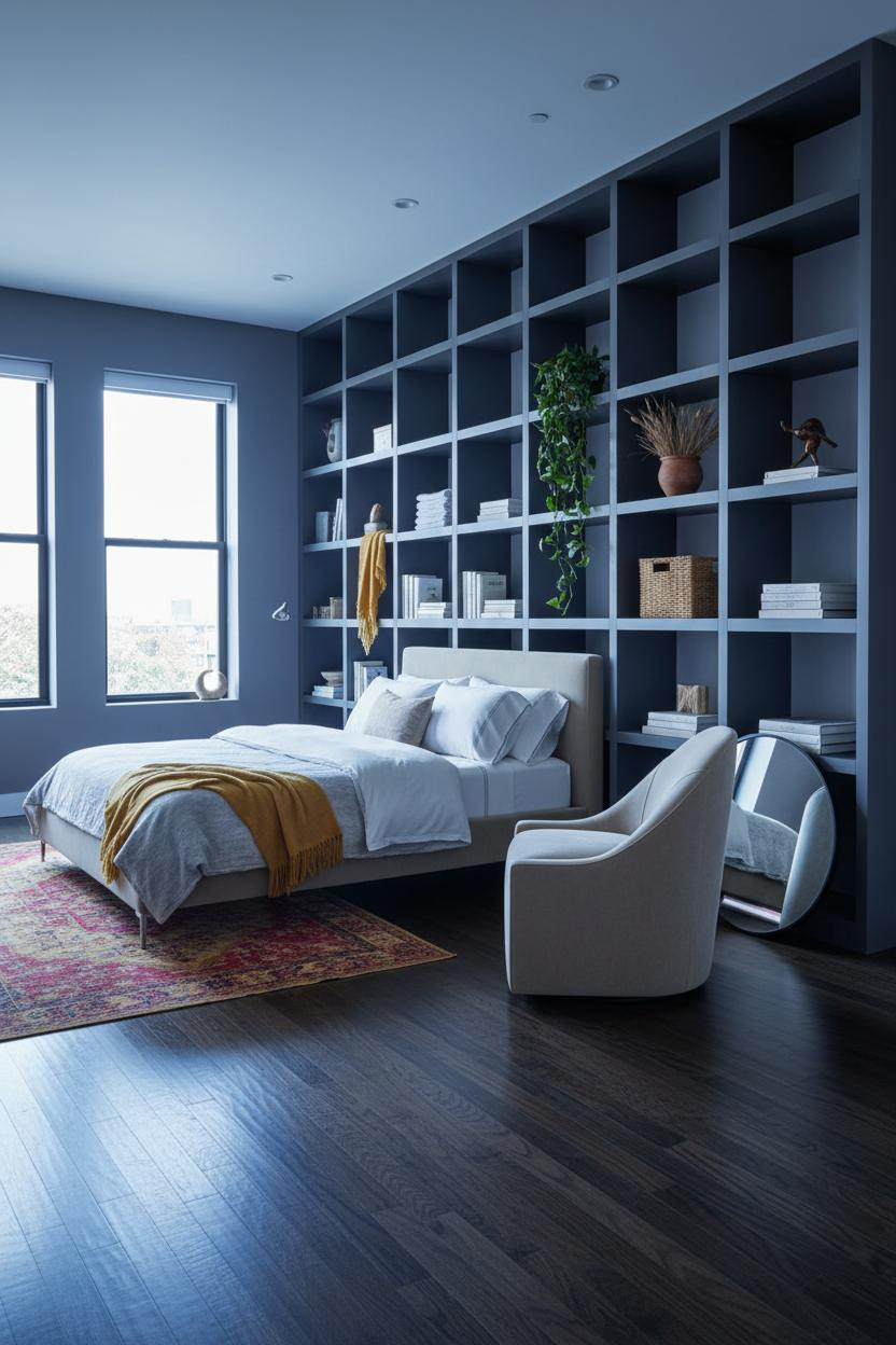 Studio Apartment Layout Coastal Modern Shelving