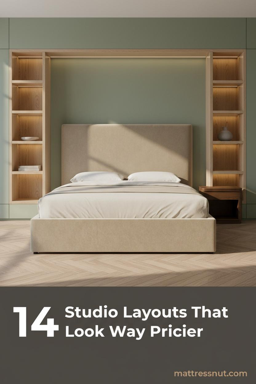 Japandi studio apartment with sage green accent wall, blonde oak shelving, warm LED underlighting, herringbone parquet floor, and ivory linen bedding