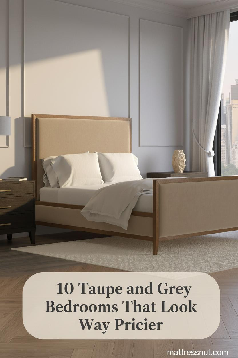 Taupe and grey bedroom with dove grey wainscoting, honey oak herringbone floors, cream linen curtains, and a travertine vase on a walnut nightstand