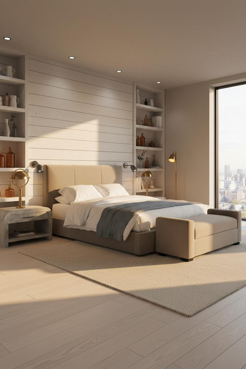 Taupe Grey Bedroom Built In Shelves Neutral Farmhouse