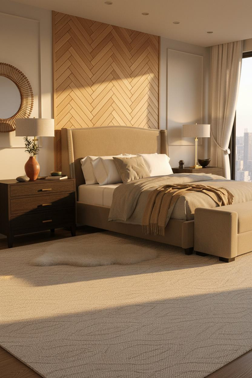 Taupe Grey Bedroom Herringbone Wood Accent
