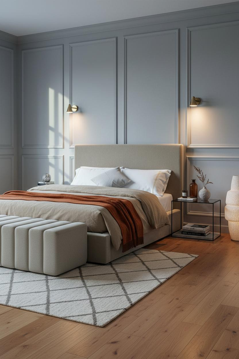 Taupe Grey Bedroom Wainscoting Design