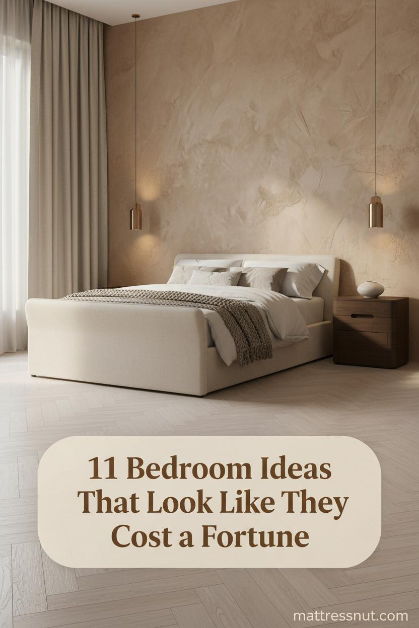 Camel plaster accent wall bedroom with low-profile upholstered bed, ivory textiles, herringbone floor, and warm 2700K sconce lighting