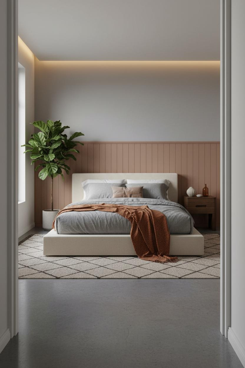 Tiny Guest Bedroom Clay Wainscoting Botanical