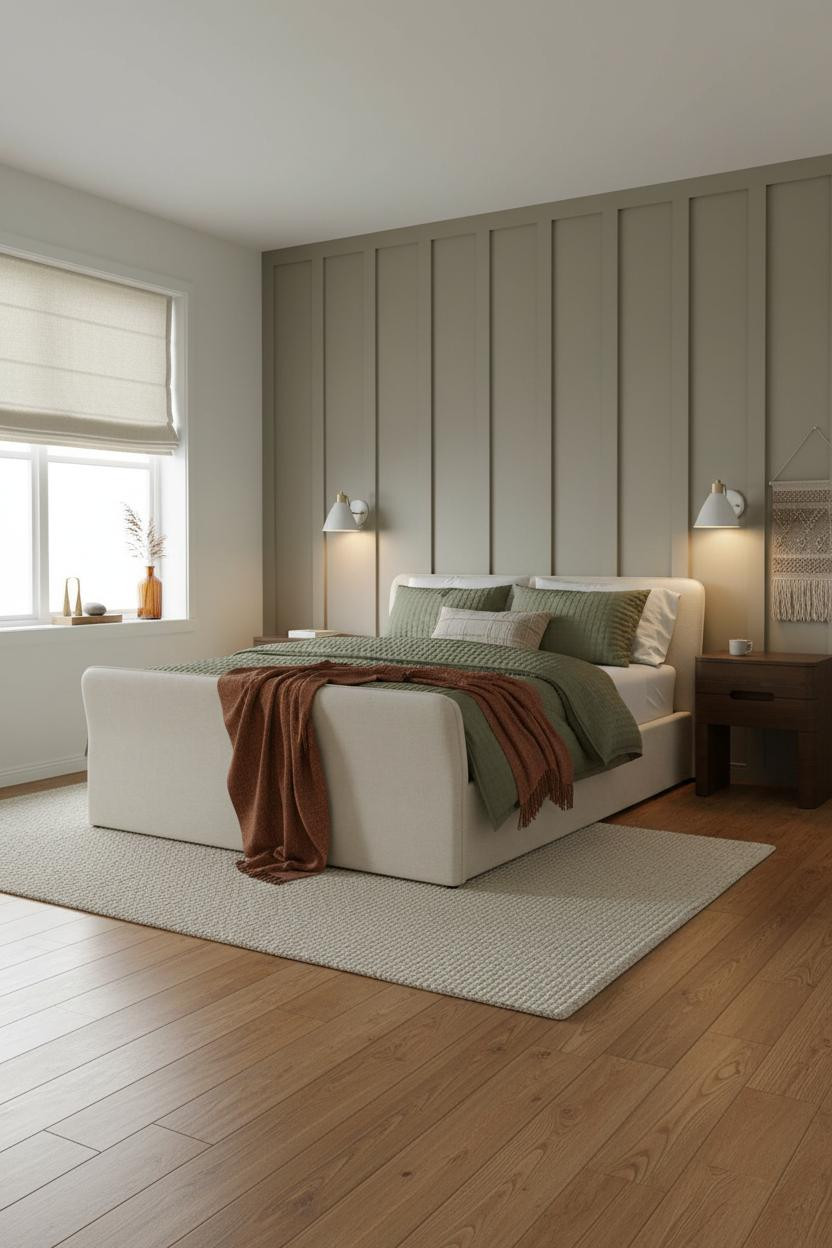 Tiny Guest Bedroom Greige Board and Batten Sconces