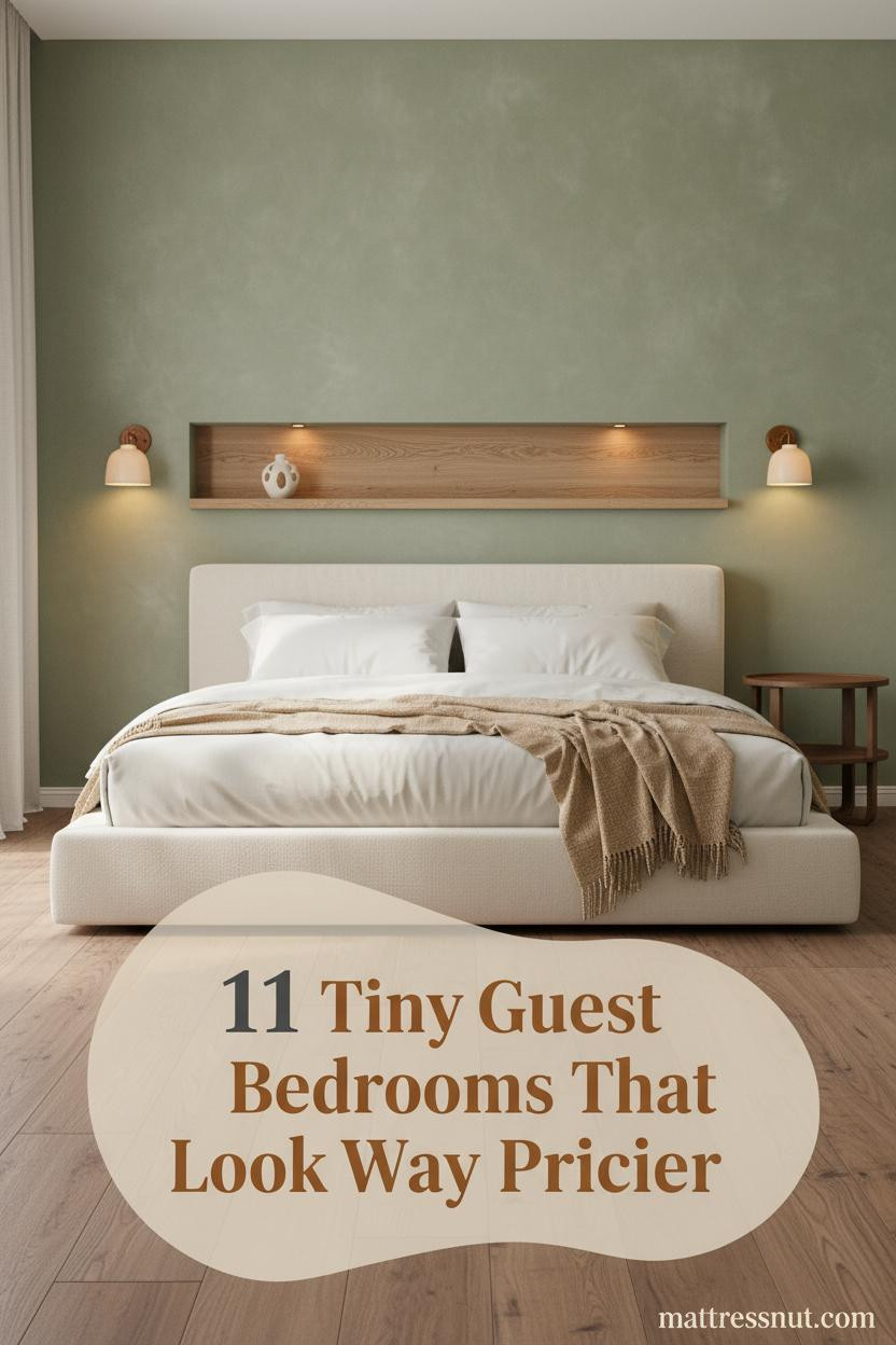 Tiny guest bedroom with sage green limewash wall, walnut floors, ivory percale bedding, camel linen throw, and warm ceramic wall sconce lighting