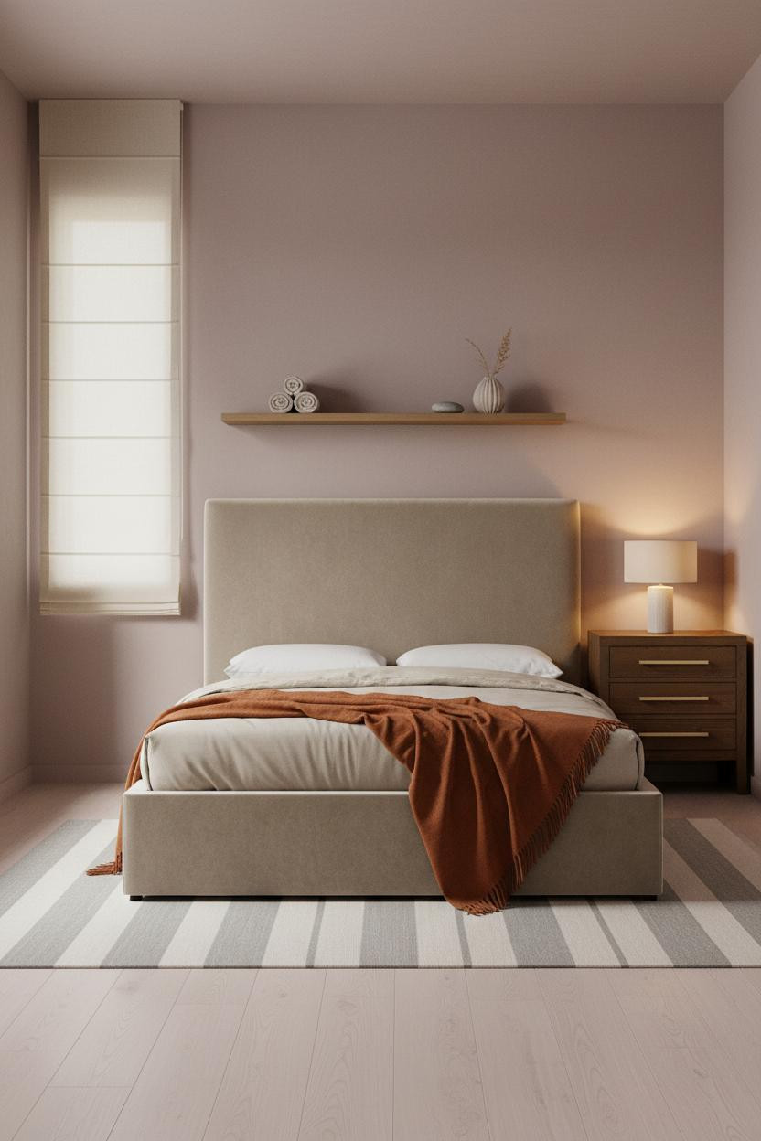 Tiny Guest Bedroom Oak Shelf Mauve