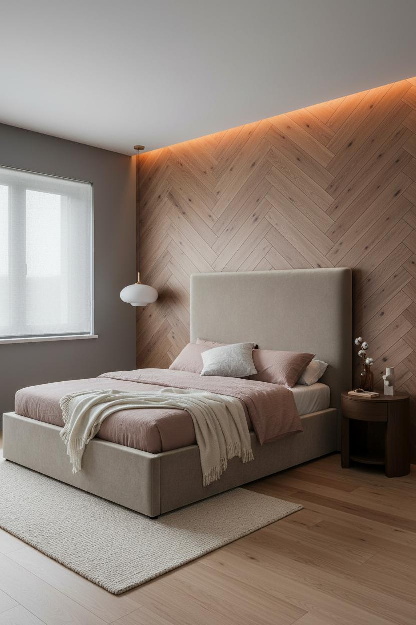 Tiny Guest Bedroom Walnut Herringbone Accent
